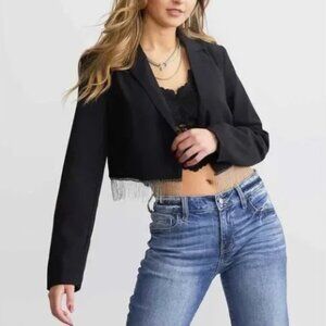 Rachel Zoe Rhinestone Fringed Cropped Blazer Jacket Black Size Large- NWT